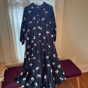 Anthropologie Maeve Black Cotton Floral Print Asymmetrical Midi Dress sz L